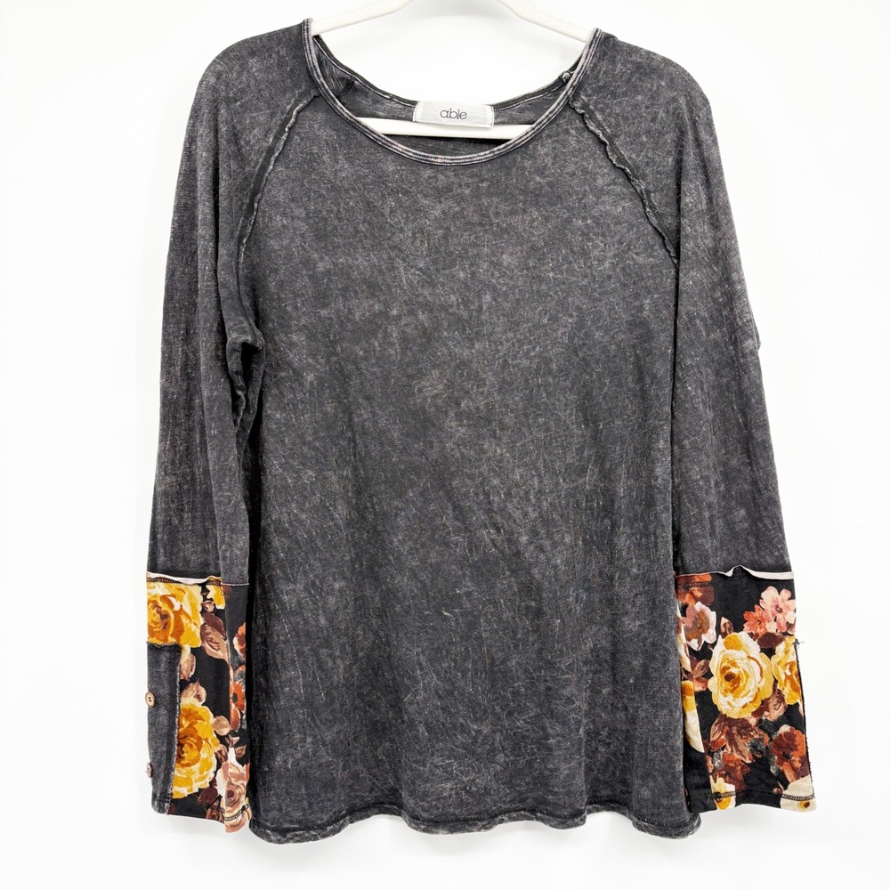 ABLE Womens Gray Acid Wash Floral Contrast Boho Long Sleeve Top Size XL